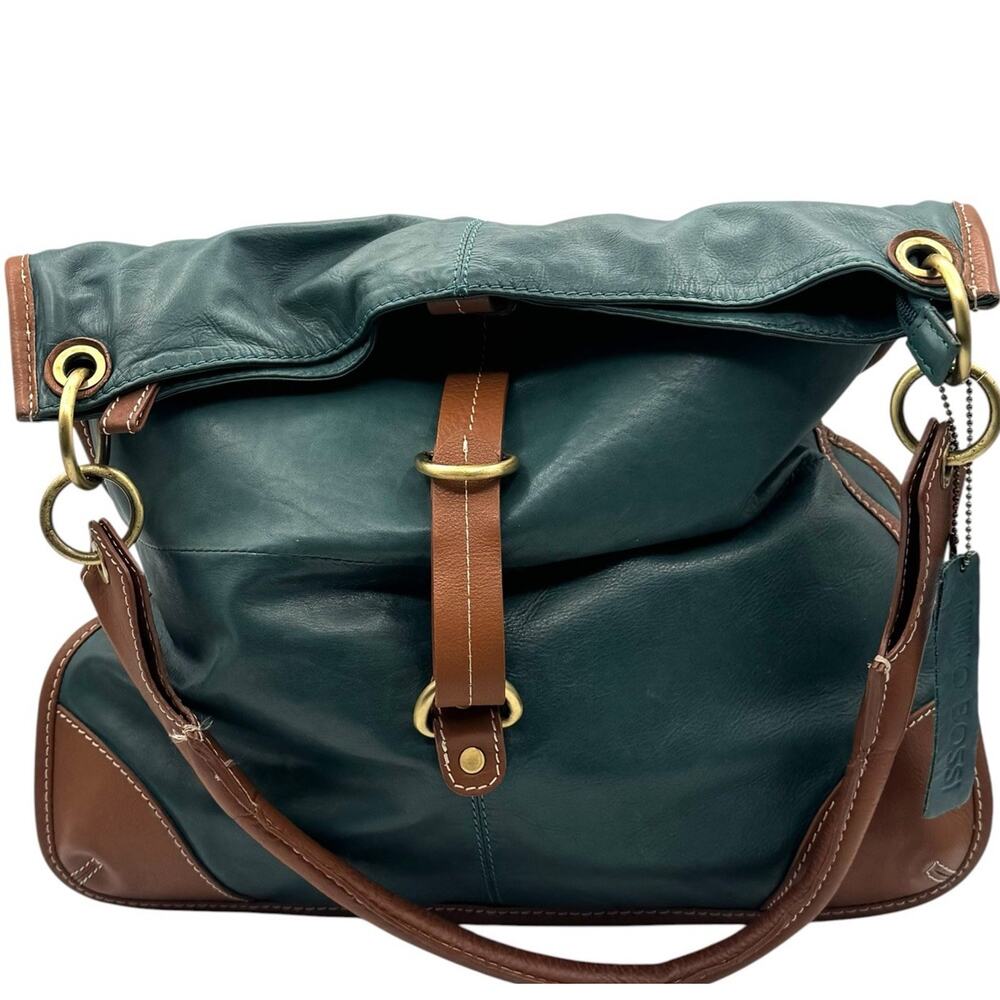 Nino Bossi Green Brown Leather Hobo Zip Shoulder Bag Satchel Tote Purse Handbag